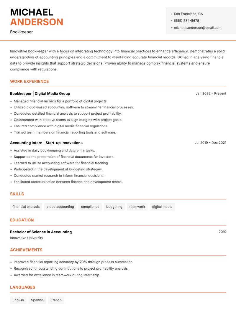 Bookkeeper Resume Template