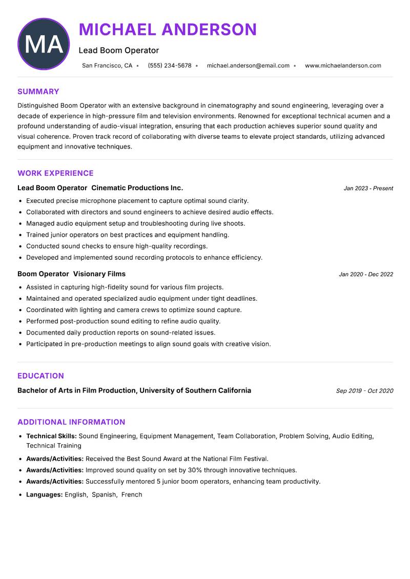 Boom Operator Resume Preview Example