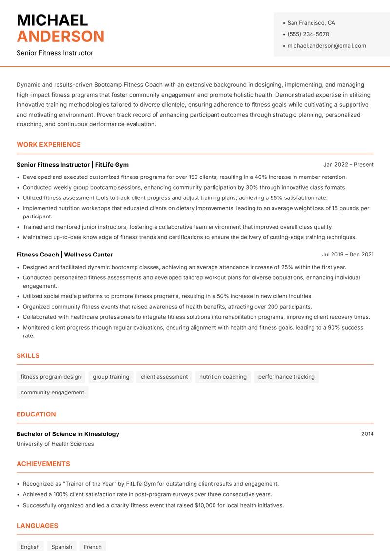 Bootcamp Fitness Coach Resume Template