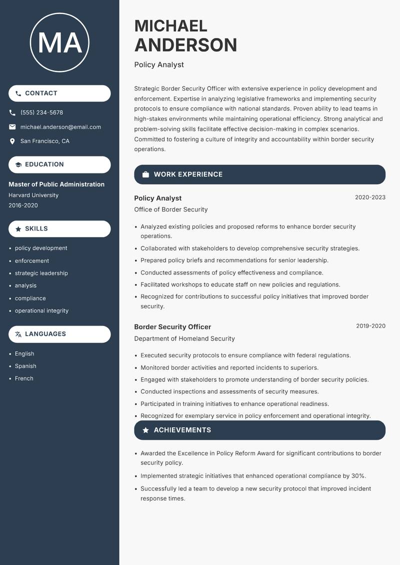 Border Security Officer Resume Preview Example
