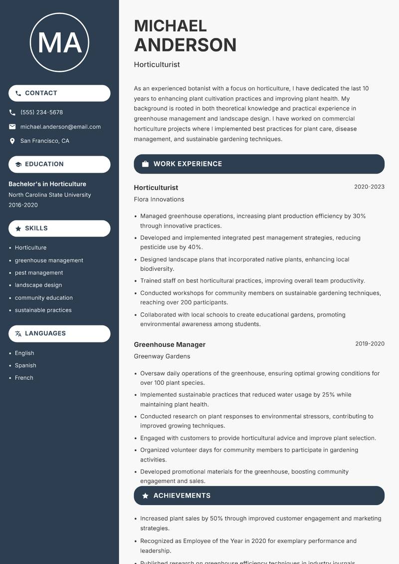 Botanist Resume Preview Example