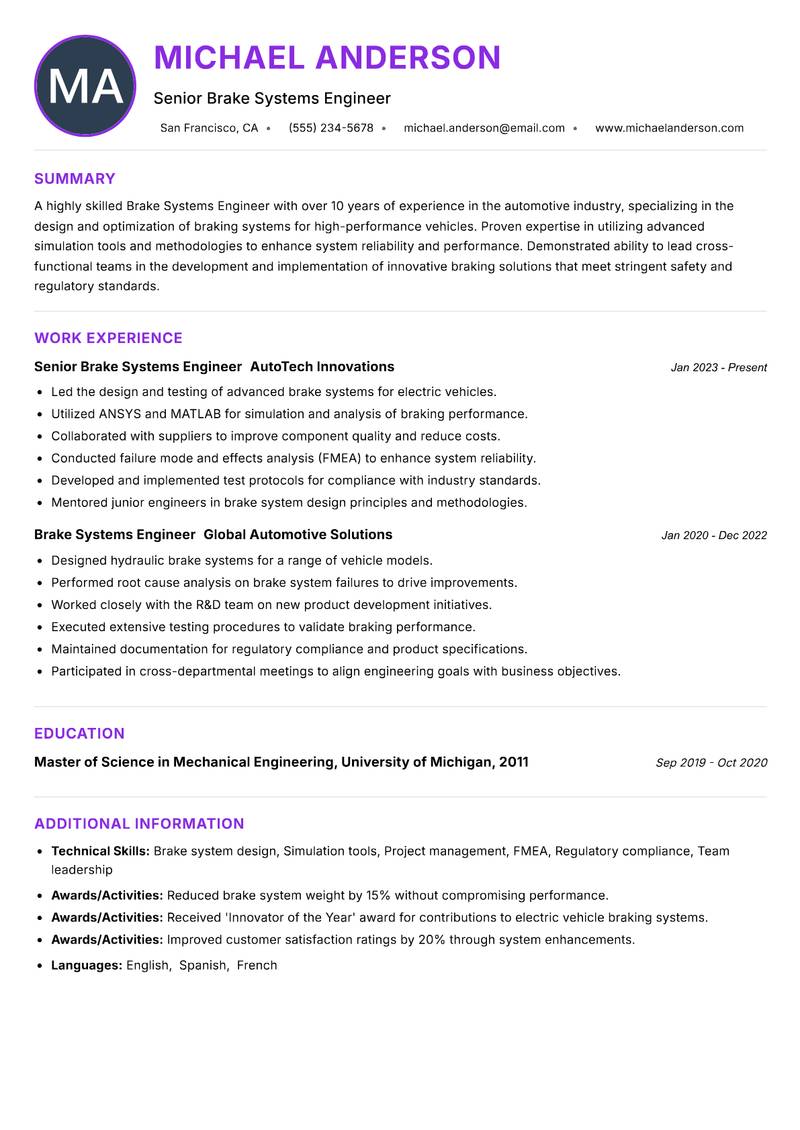 Brake Systems Engineer Resume Preview Example