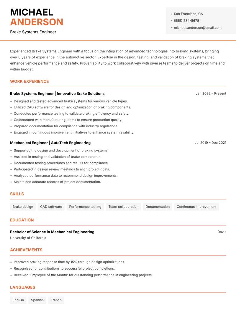 Brake Systems Engineer Resume Template