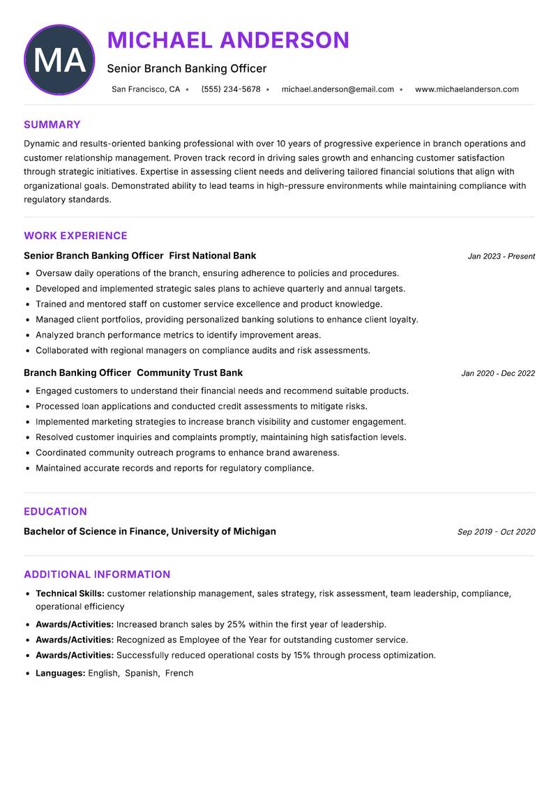 Branch Banking Officer Resume Preview Example