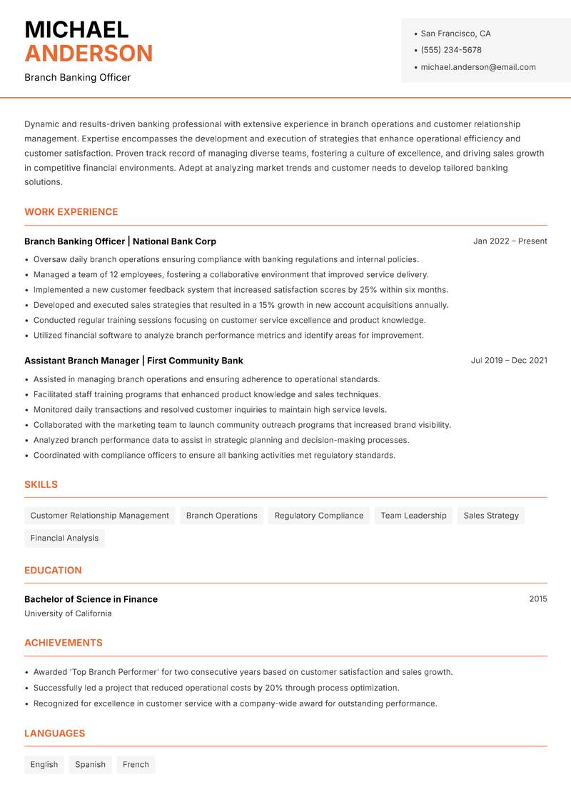 Branch Banking Officer Resume Template