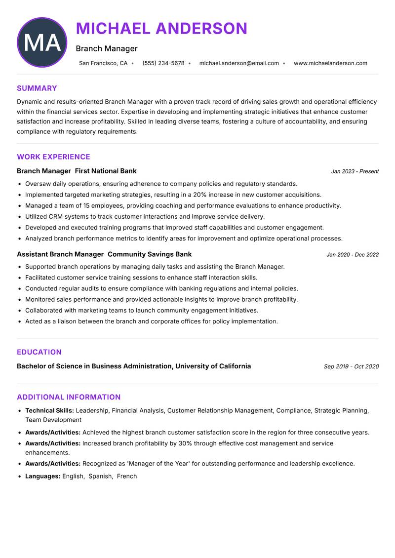 Branch Manager Resume Preview Example