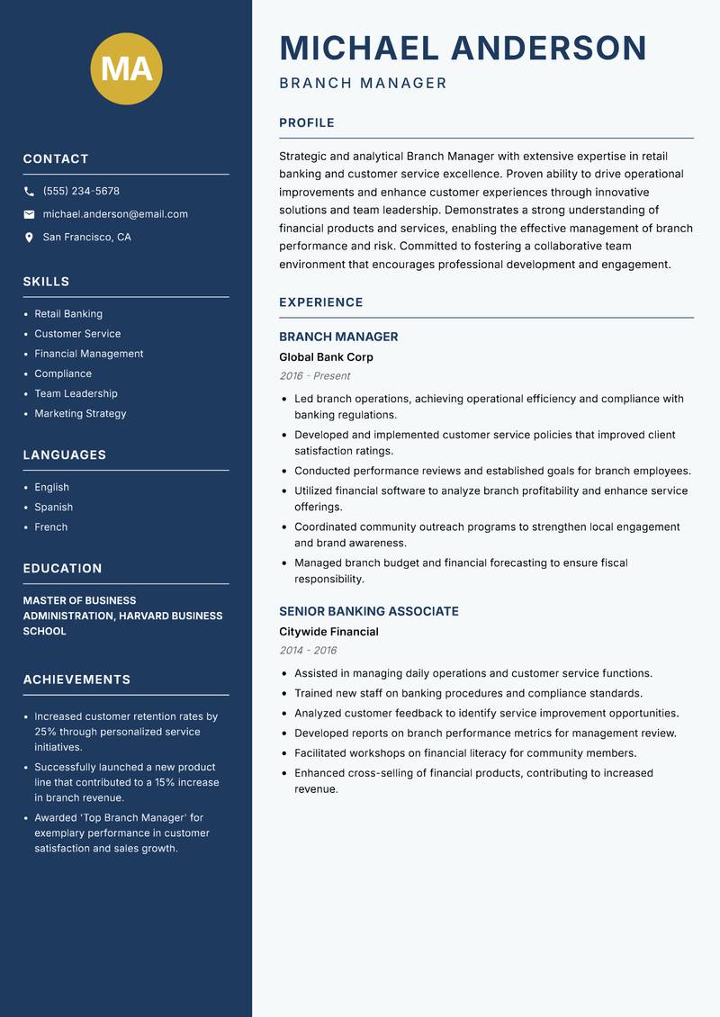 Branch Manager Resume Preview Example