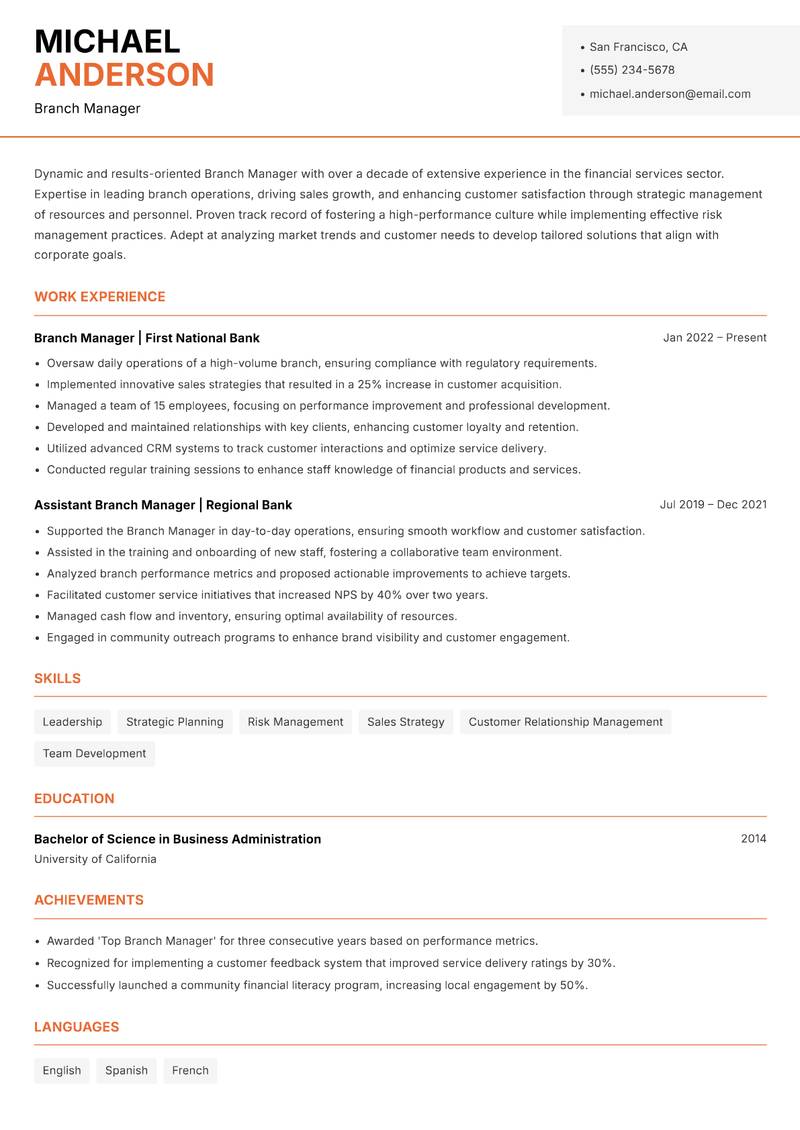 Branch Manager Resume Template