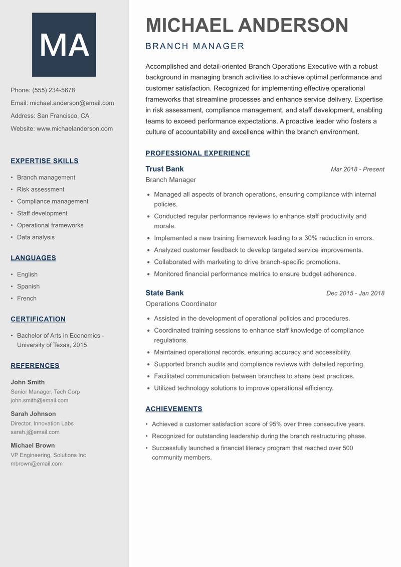 Branch Operations Executive Resume Preview Example