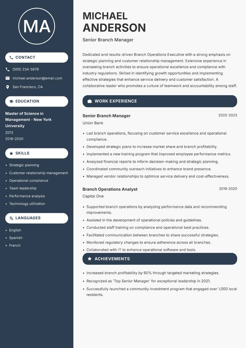 Branch Operations Executive Resume Preview Example