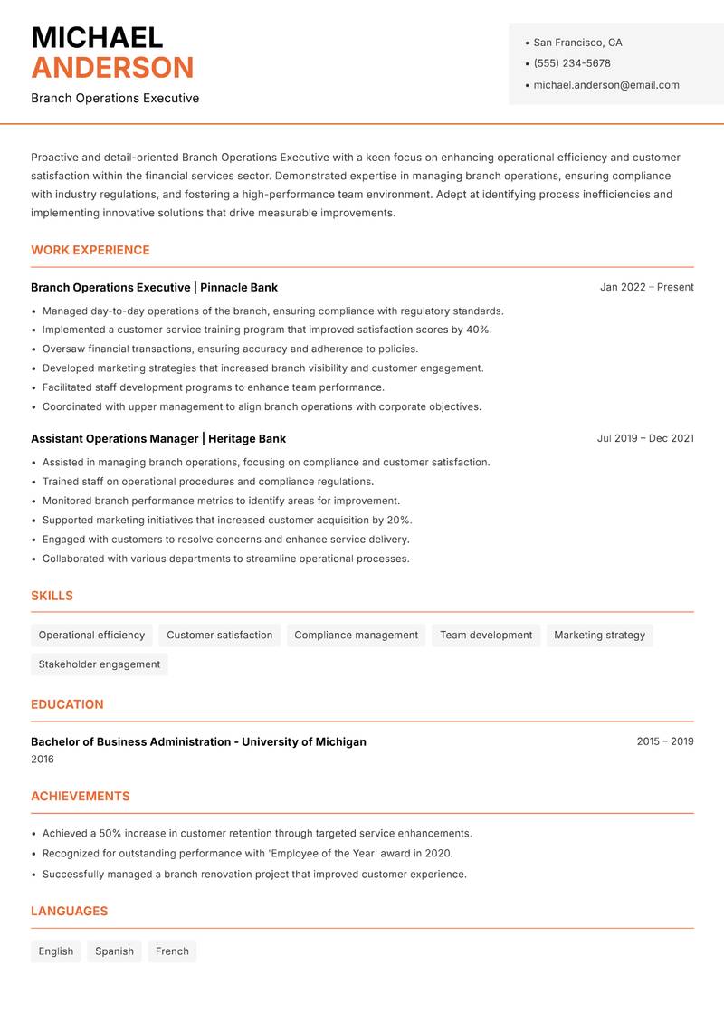 Branch Operations Executive Resume Template