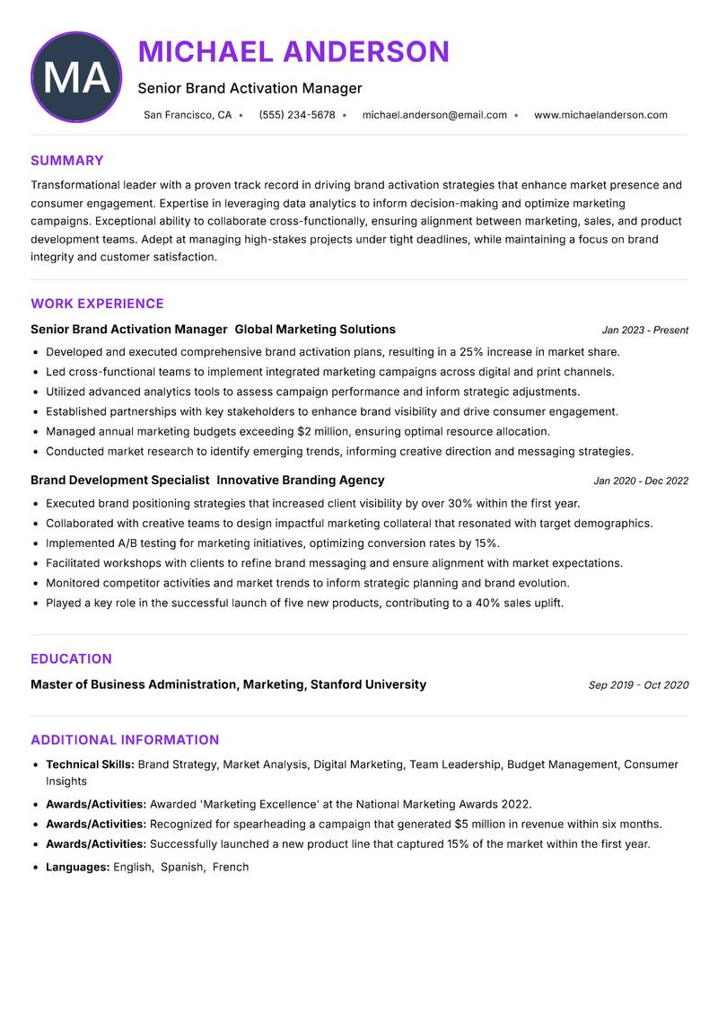 Brand Activation Manager Resume Preview Example