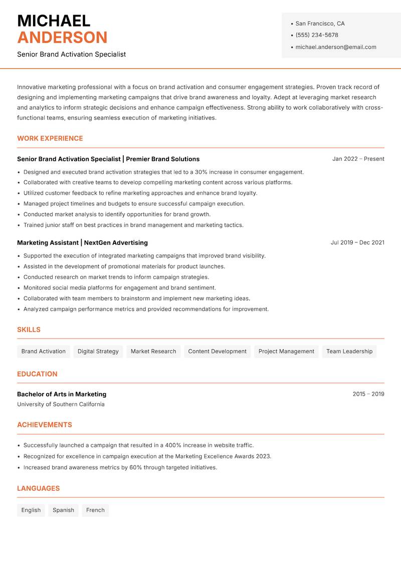 Brand Activation Manager Resume Template