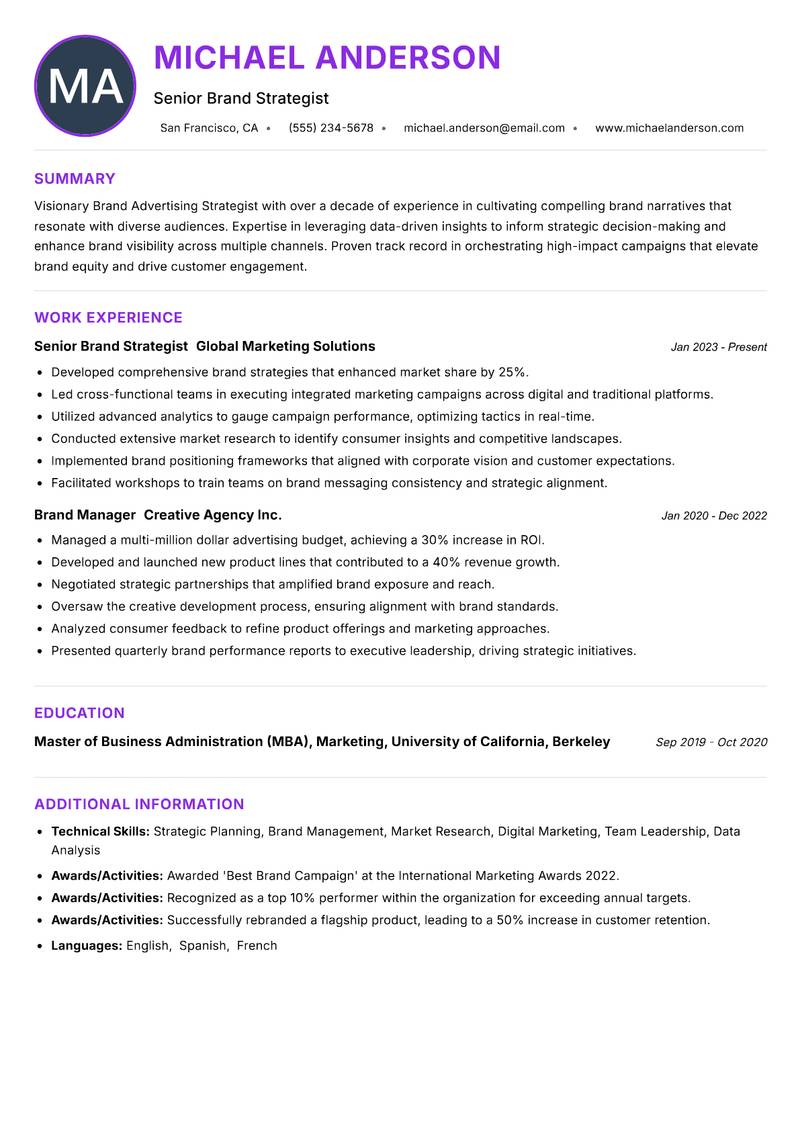 Brand Advertising Strategist Resume Preview Example