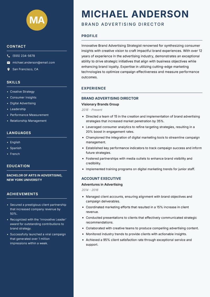 Brand Advertising Strategist Resume Preview Example
