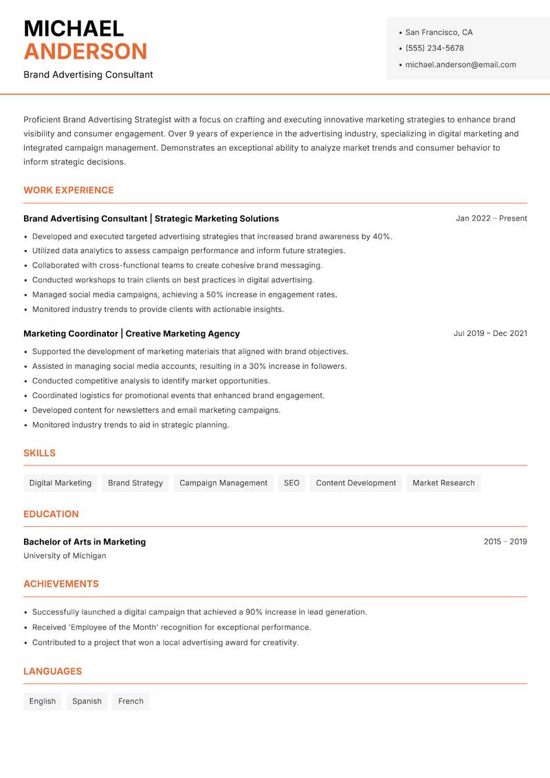 Brand Advertising Strategist Resume Template