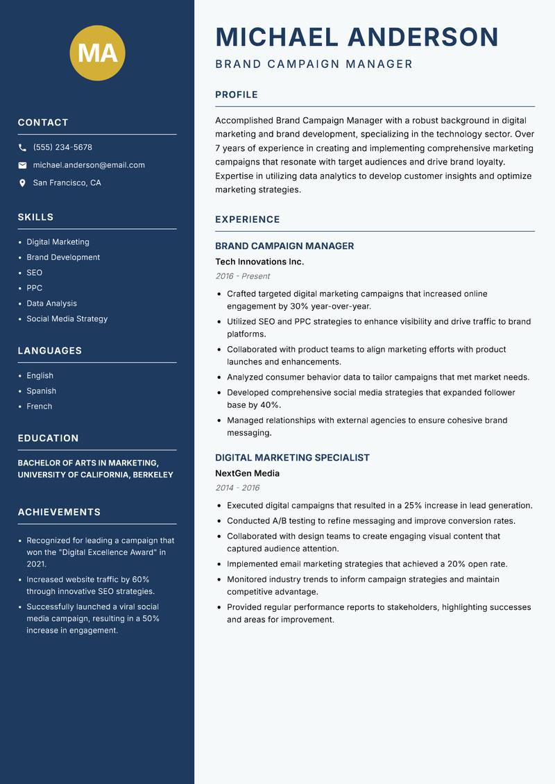 Brand Campaign Manager Resume Preview Example