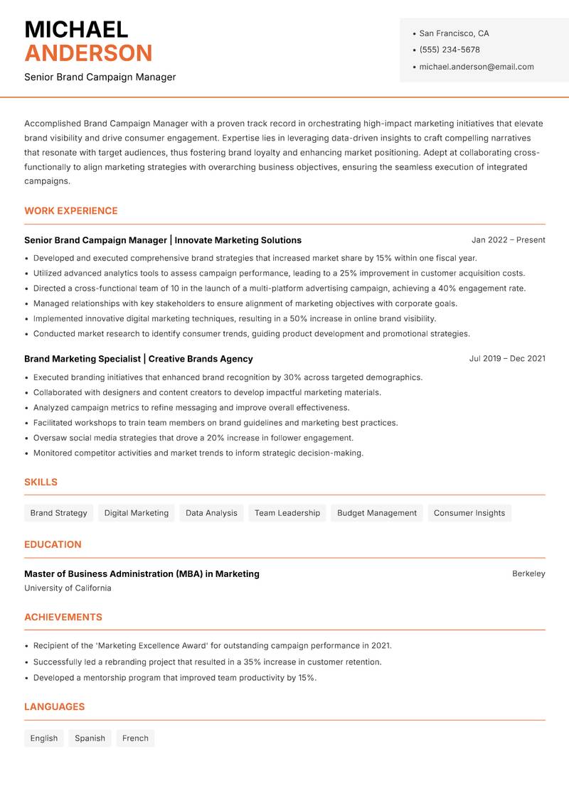 Brand Campaign Manager Resume Template