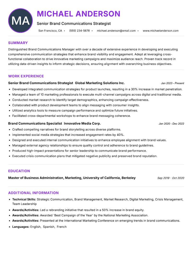 Brand Communications Manager Resume Preview Example