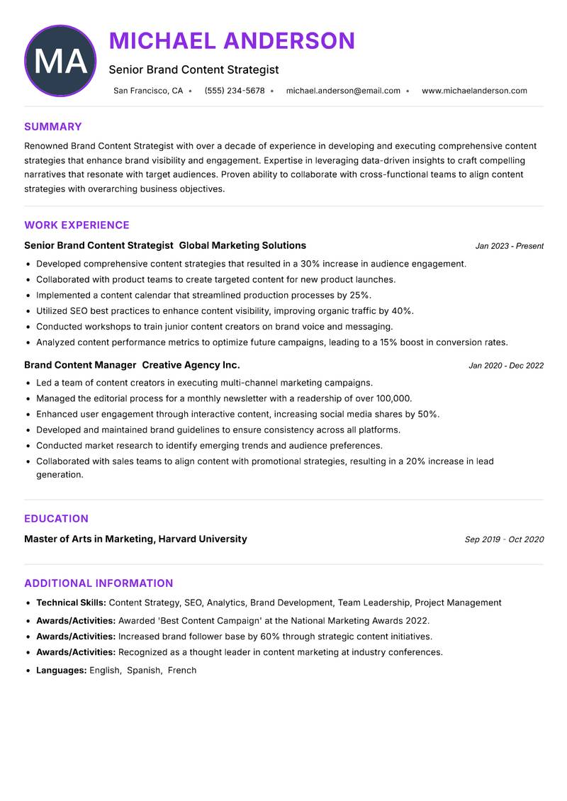 Brand Content Strategist Resume Preview Example