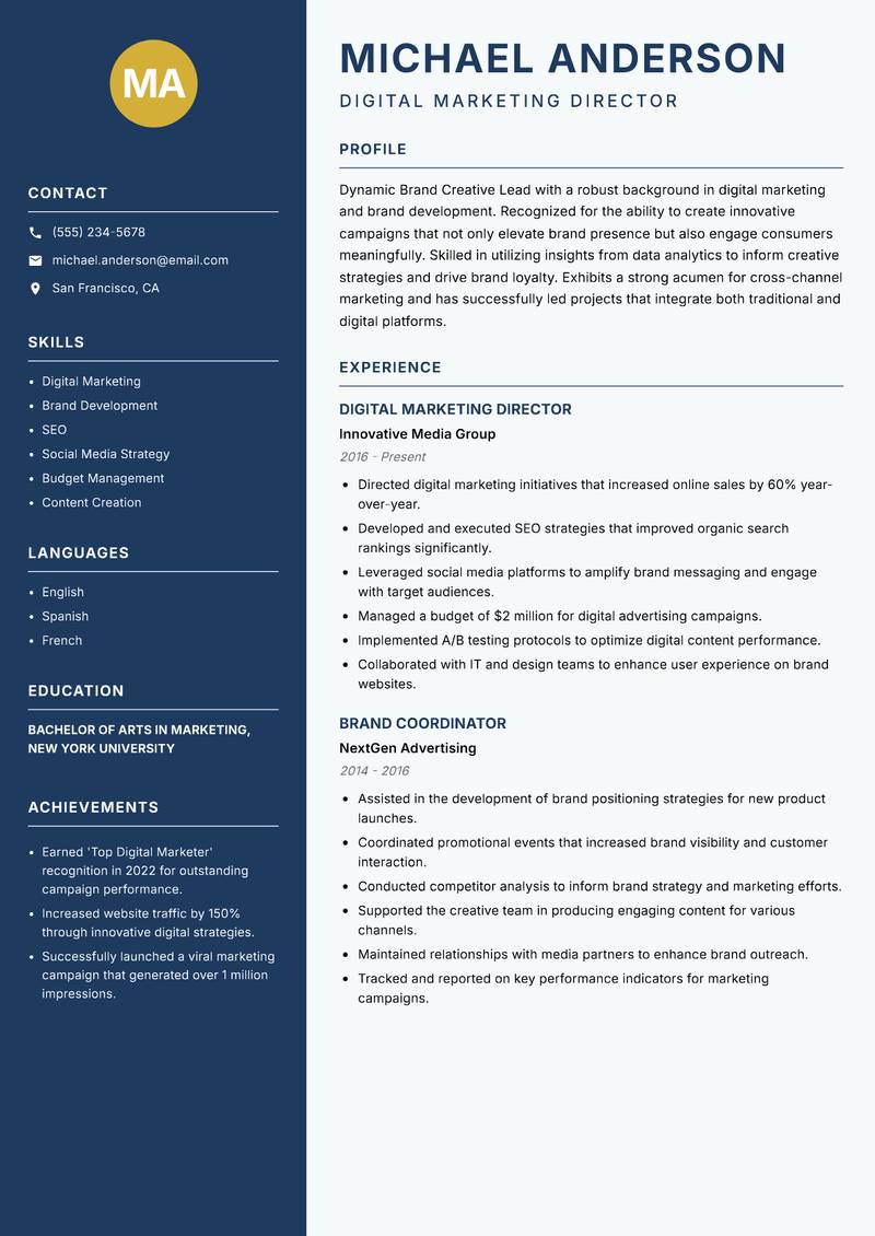 Brand Creative Lead Resume Preview Example