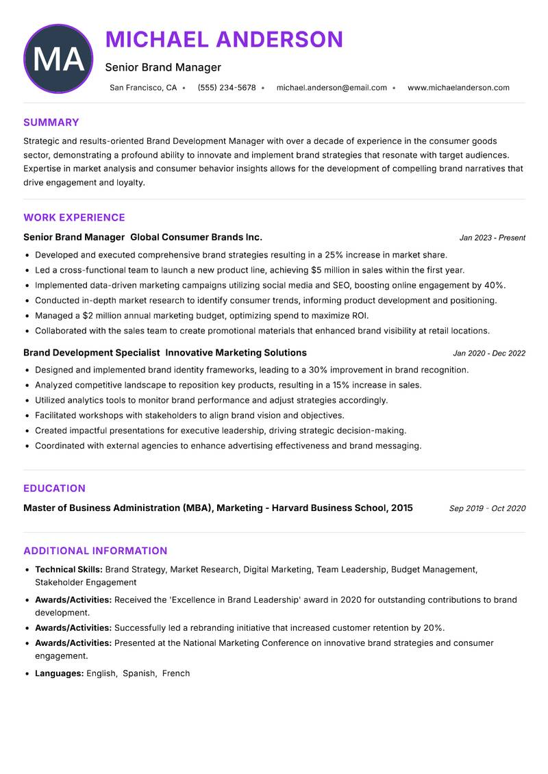 Brand Development Manager Resume Preview Example