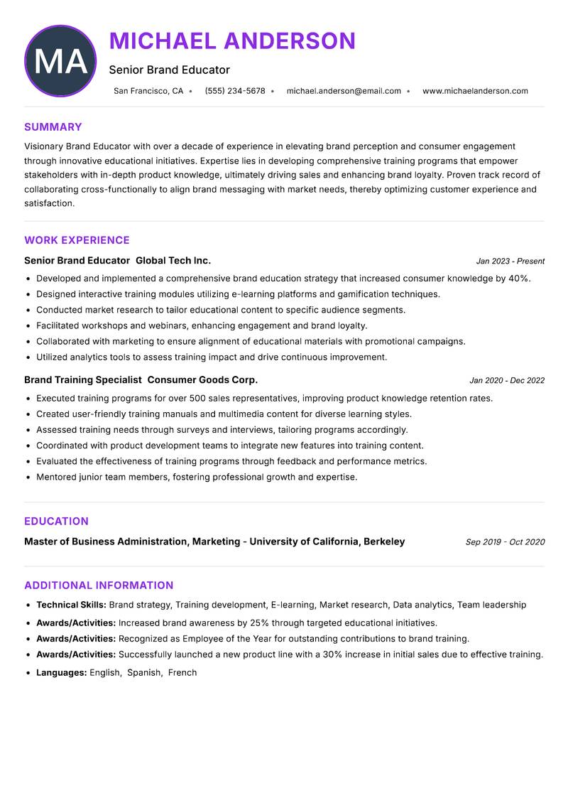 Brand Educator Resume Preview Example