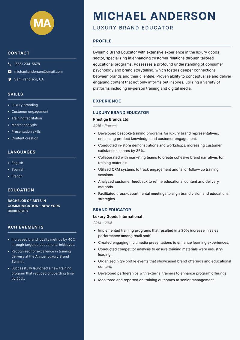 Brand Educator Resume Preview Example