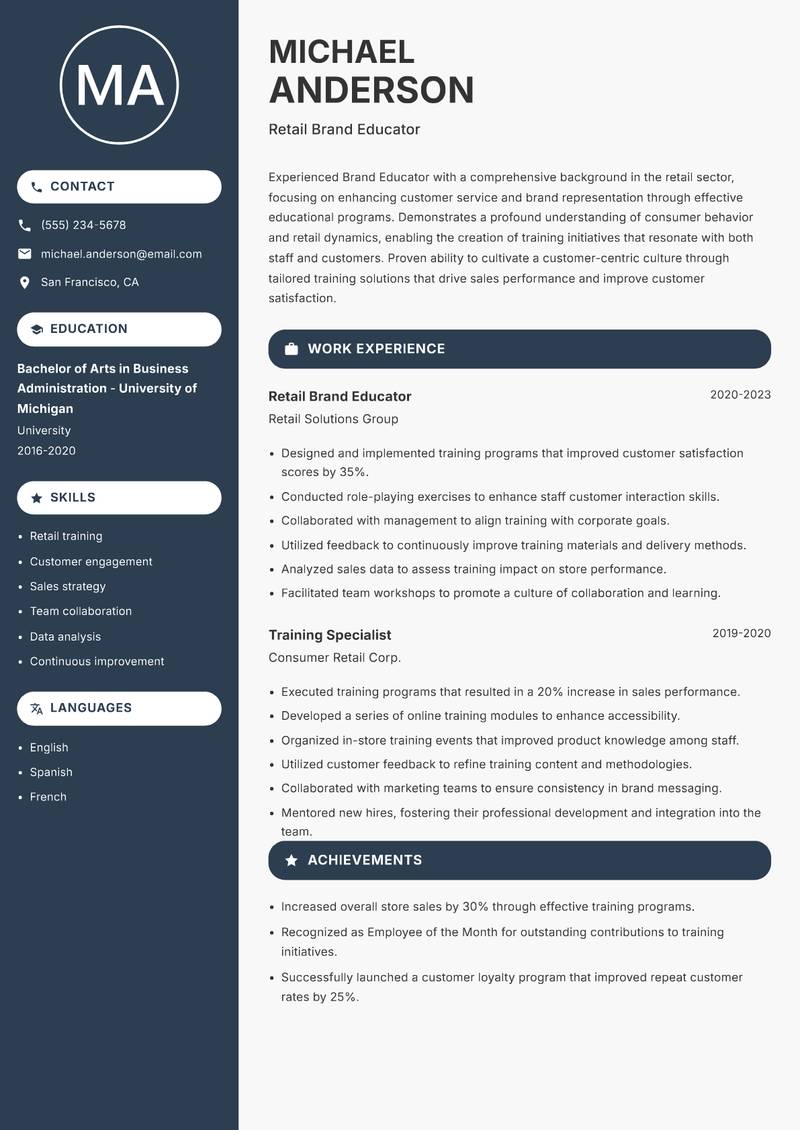 Brand Educator Resume Preview Example