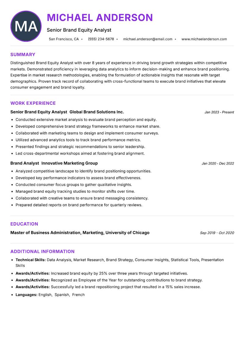 Brand Equity Analyst Resume Preview Example