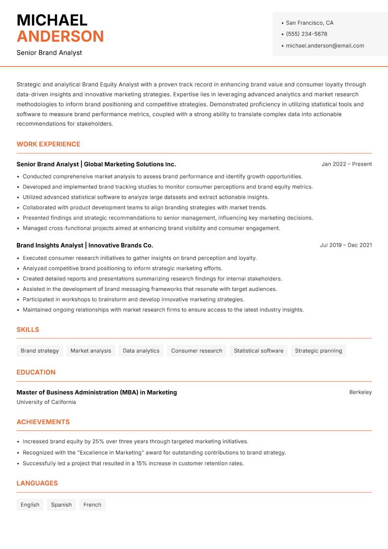 Brand Equity Analyst Resume Template