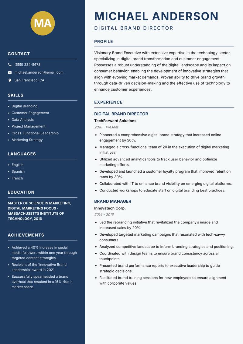 Brand Executive Resume Preview Example