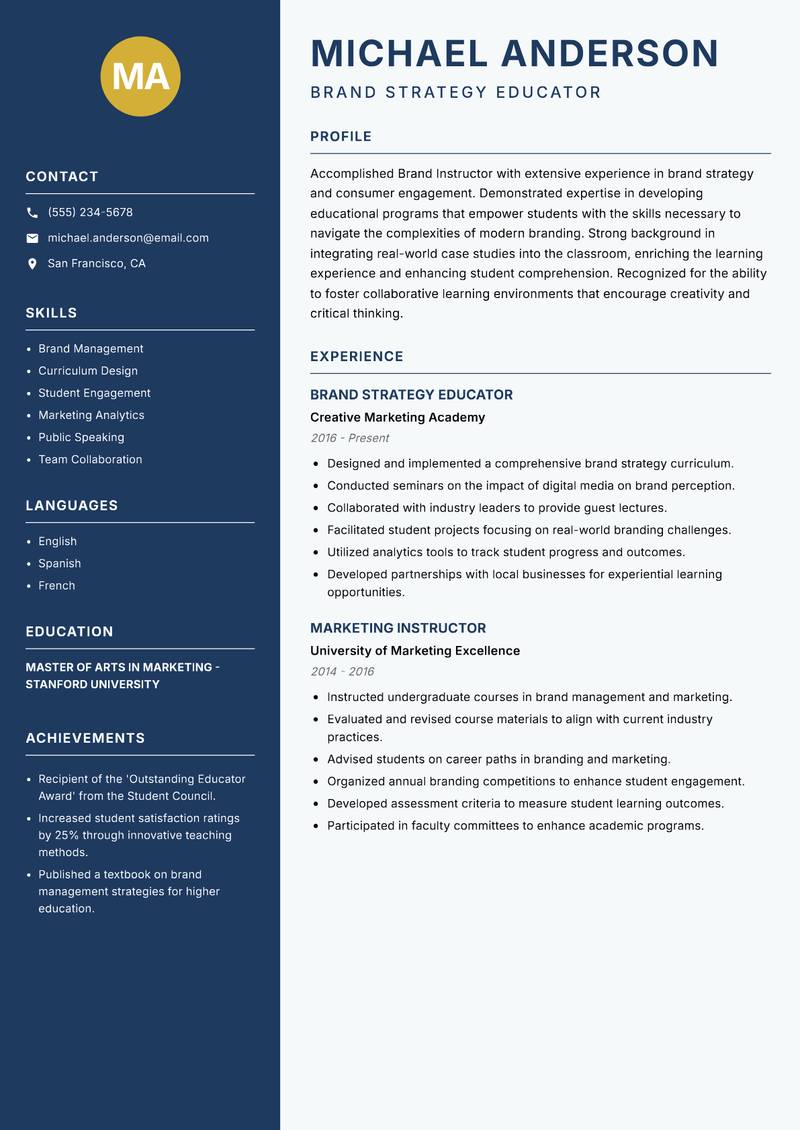 Brand Instructor Resume Preview Example