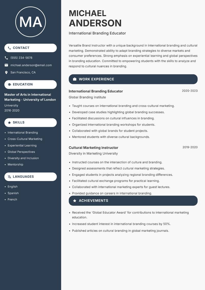 Brand Instructor Resume Preview Example