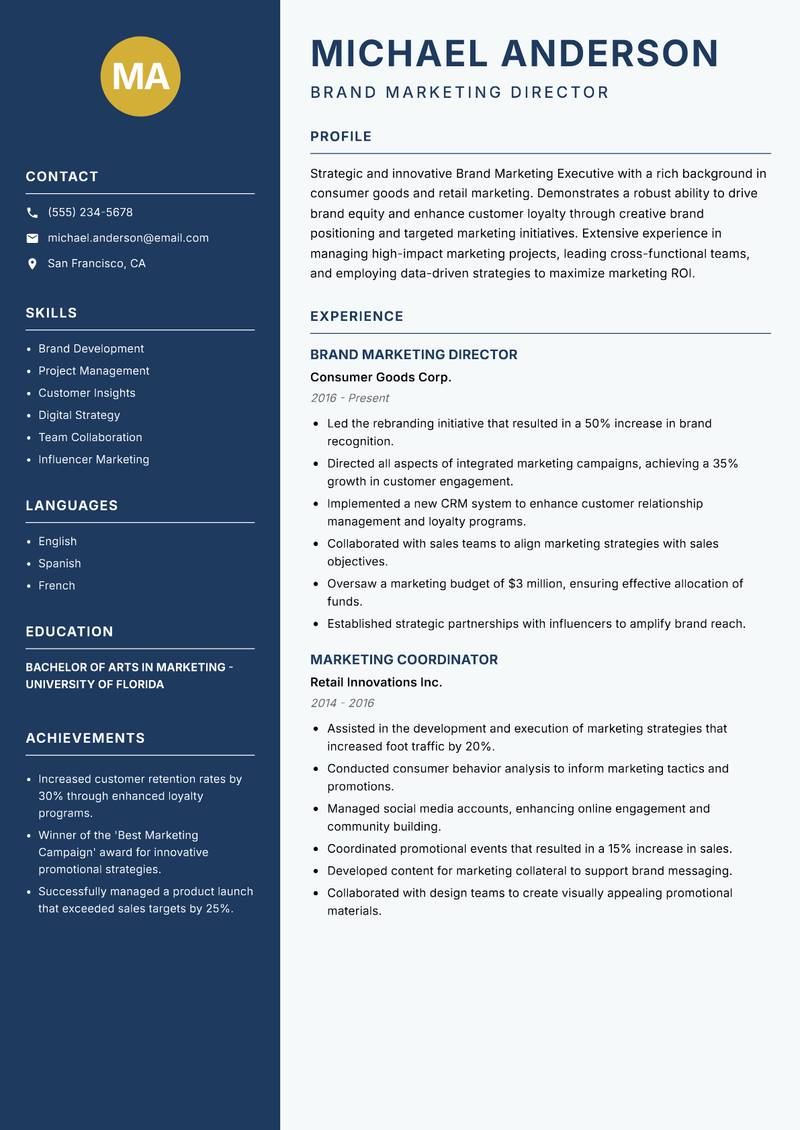 Brand Marketing Executive Resume Preview Example