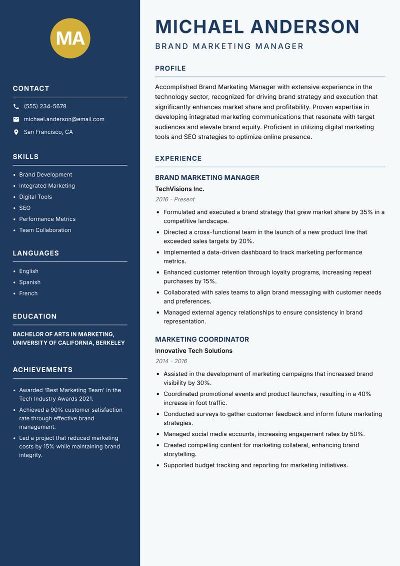 Brand Marketing Manager Resume Preview Example