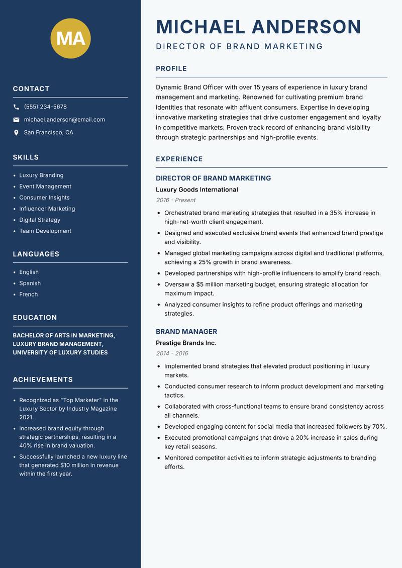 Brand Officer Resume Preview Example