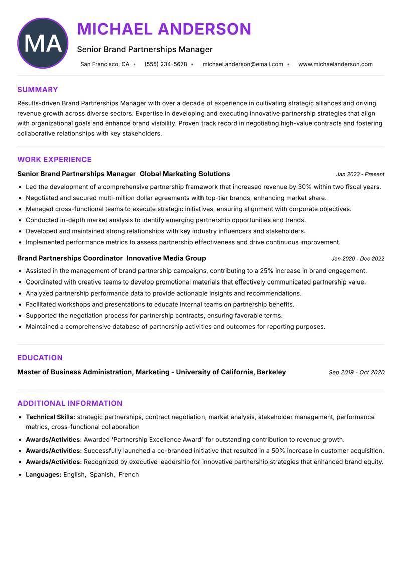 Brand Partnerships Manager Resume Preview Example