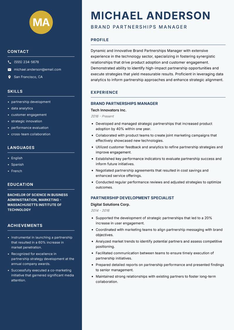 Brand Partnerships Manager Resume Preview Example