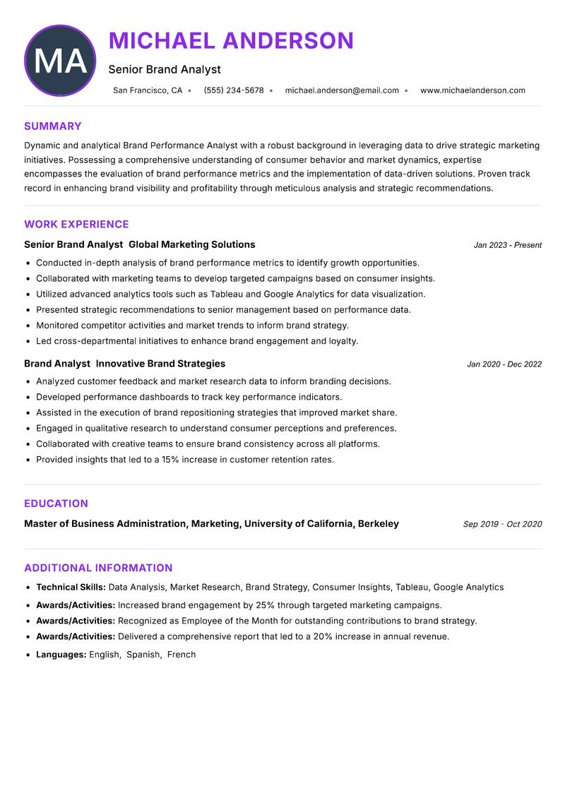 Brand Performance Analyst Resume Preview Example