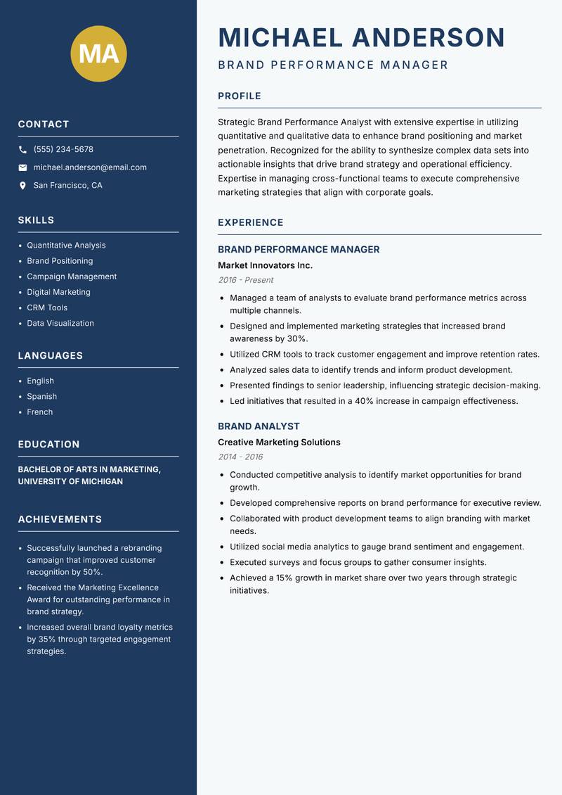 Brand Performance Analyst Resume Preview Example
