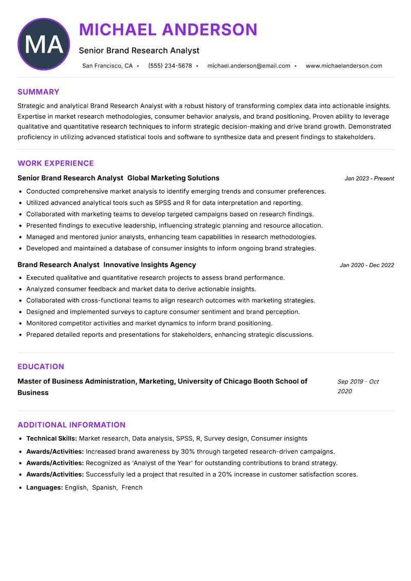 Brand Research Analyst Resume Preview Example