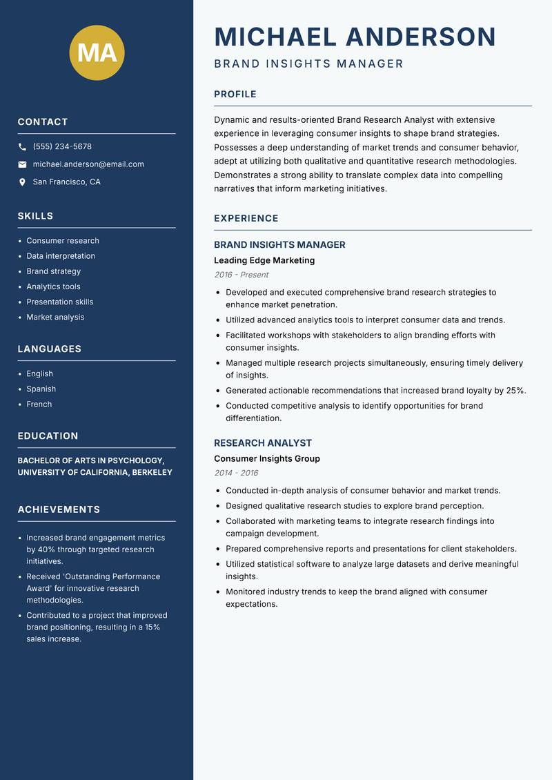 Brand Research Analyst Resume Preview Example