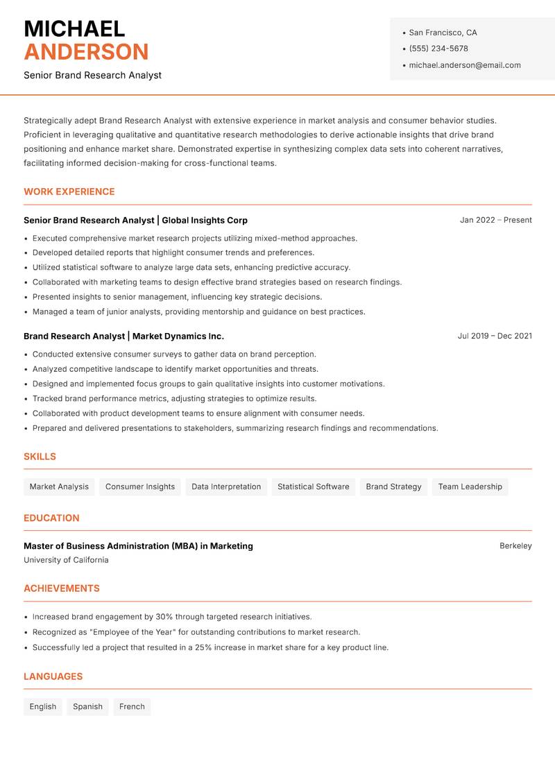 Brand Research Analyst Resume Template