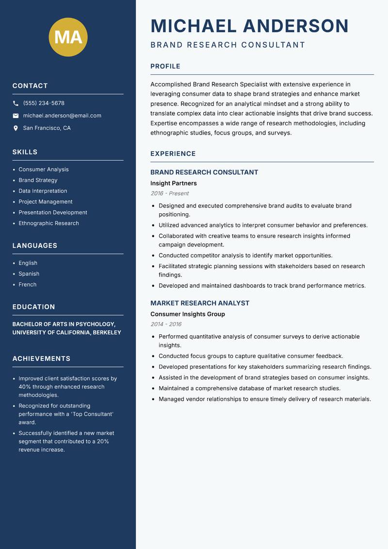 Brand Researcher Resume Preview Example