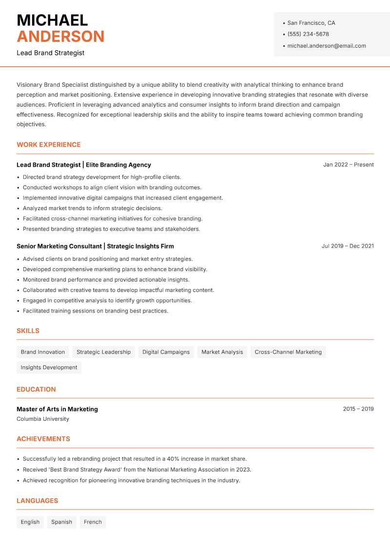 Brand Specialist Resume Template