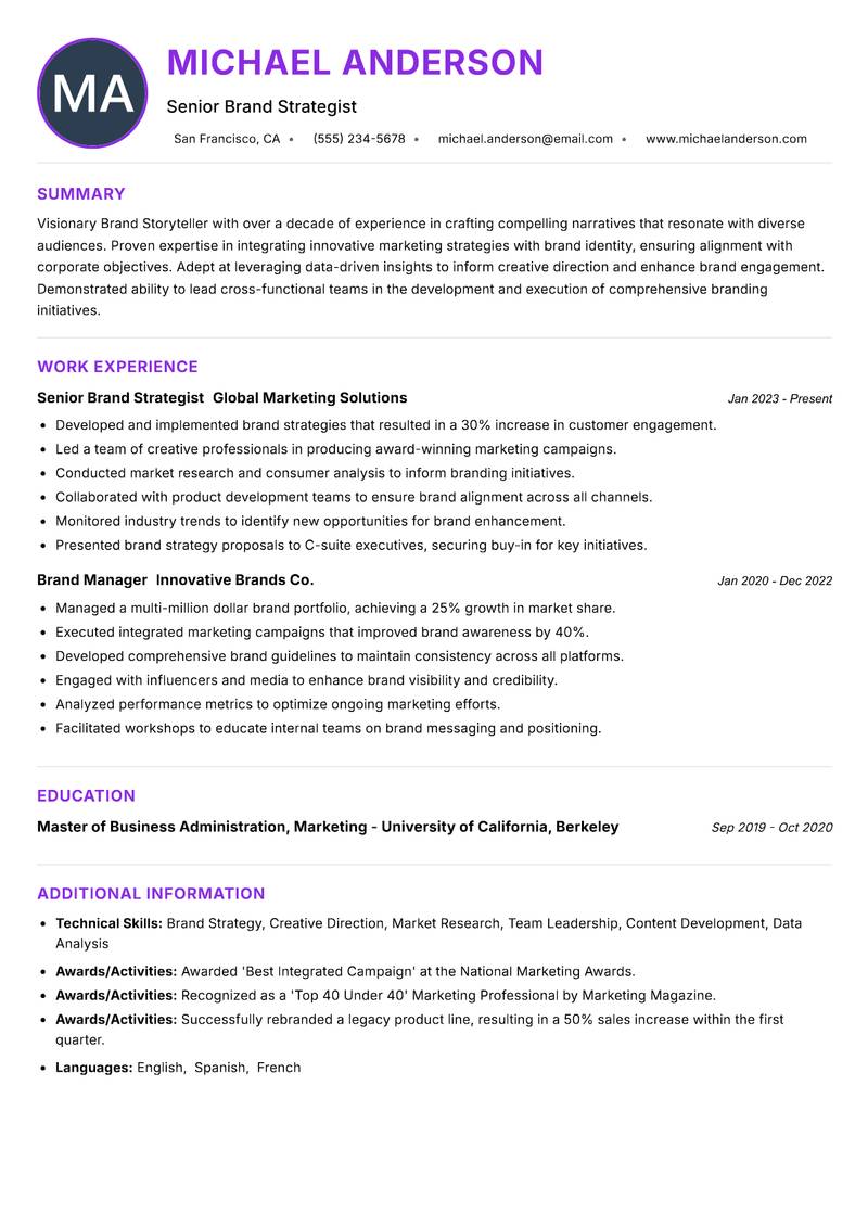 Brand Storyteller Resume Preview Example