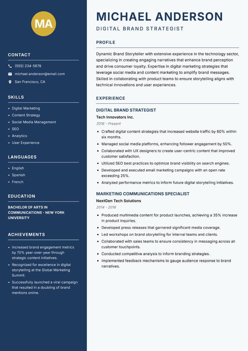 Brand Storyteller Resume Preview Example