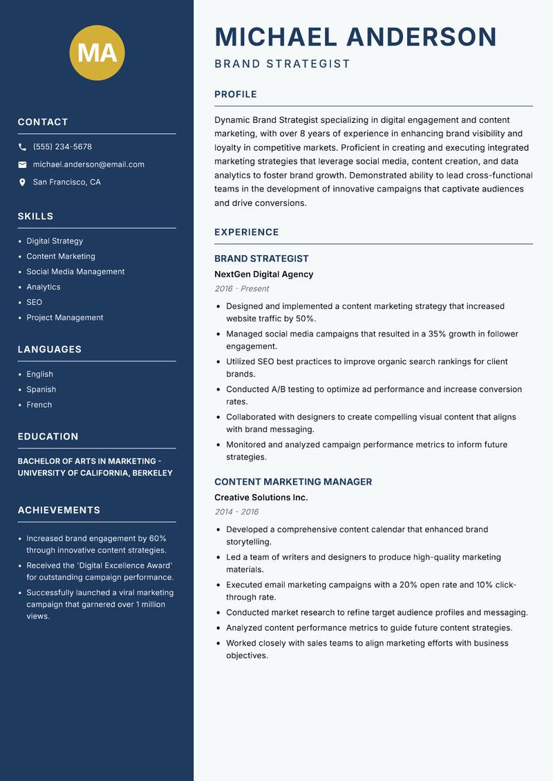 Brand Strategist Resume Preview Example