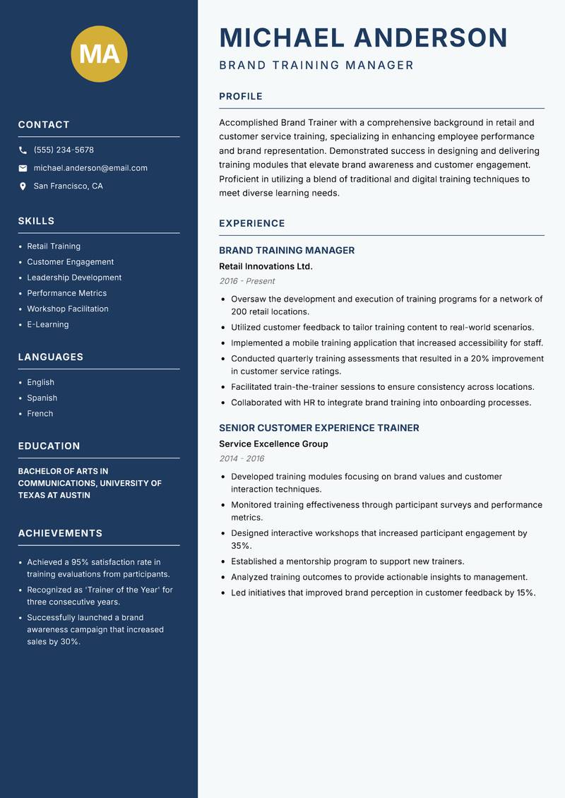 Brand Trainer Resume Preview Example